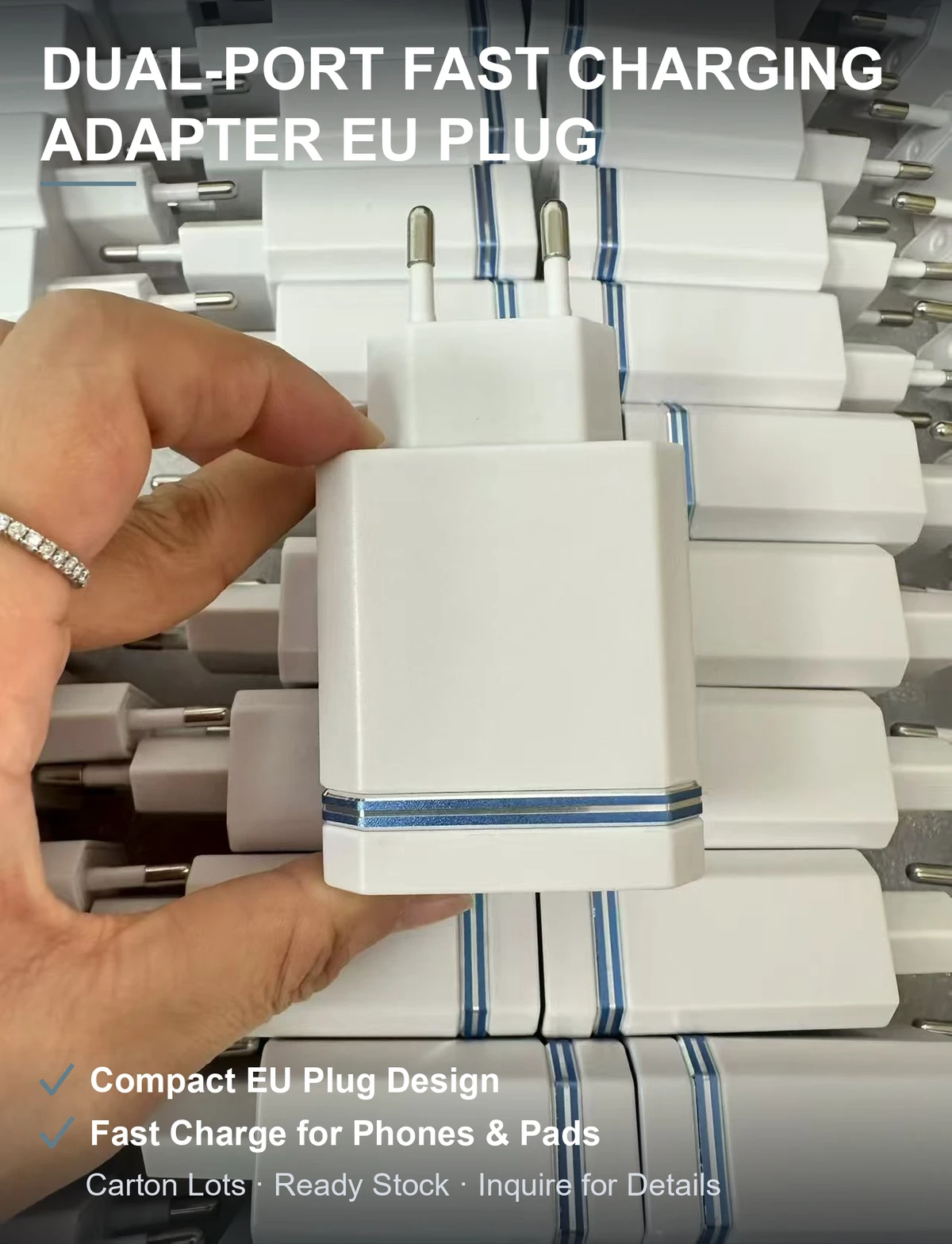欧规双口快充充电头 USB-A+Type-C双输出 白色方壳小巧便携 整箱