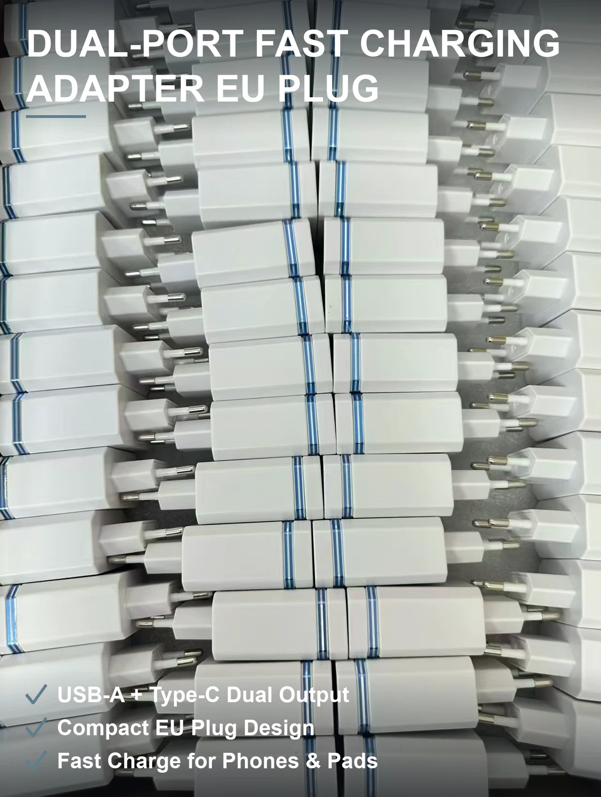 欧规双口快充充电头 USB-A+Type-C双输出 白色方壳小巧便携 整箱