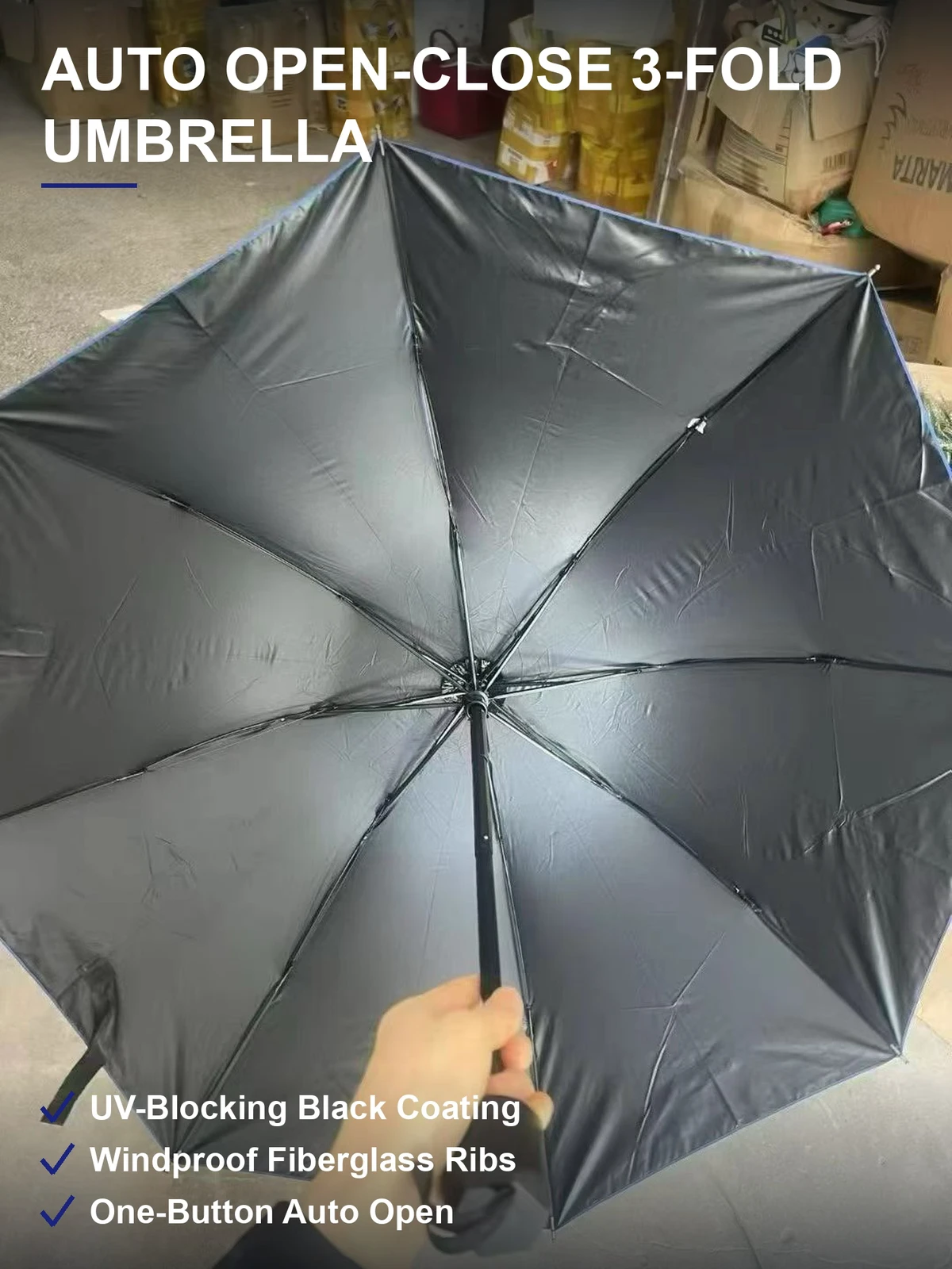 三折自动开收雨伞 黑胶防晒玻纤伞骨 一键开收 5000个现货清仓
