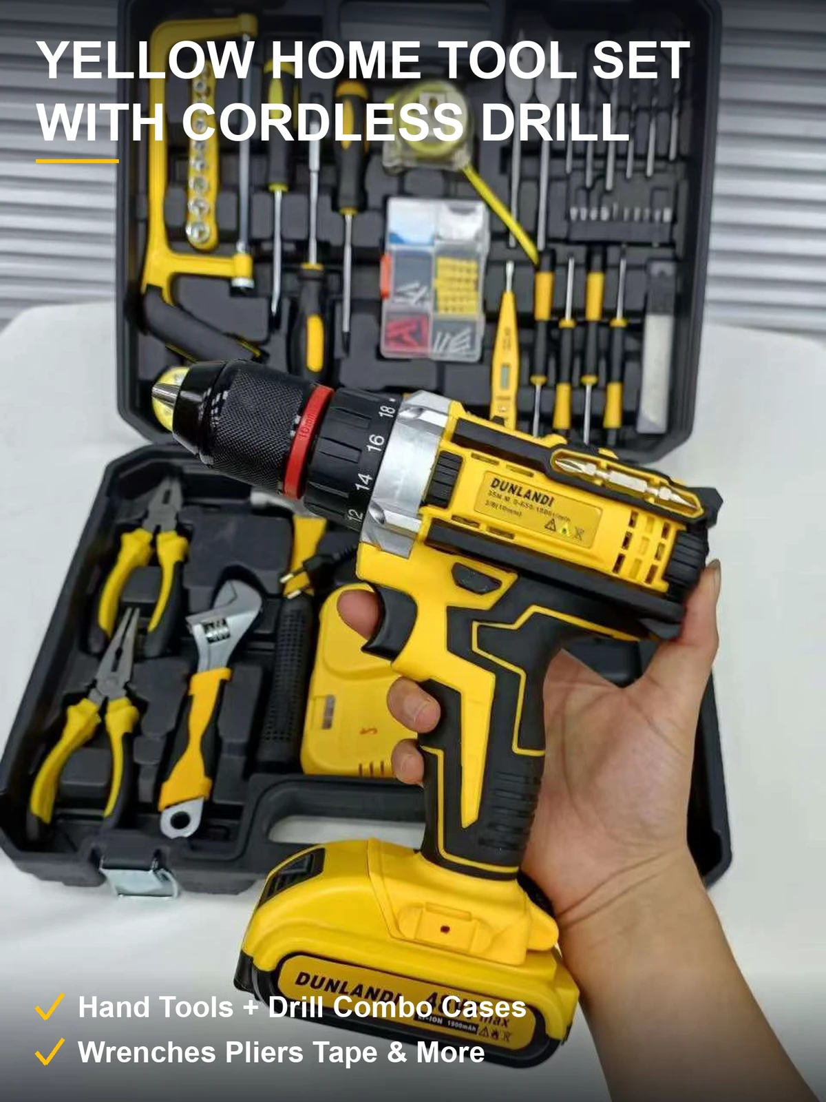 黄色家用手工具电钻大套装 双箱组合 锂电钻双电池 扳手钳子齐全