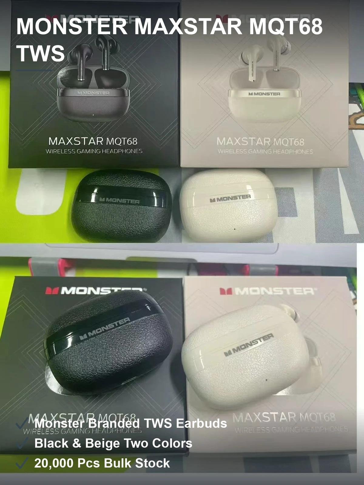 魔声MAXSTAR MQT68真无线耳机 皮纹充电仓 黑米白两色 20000个整批现货