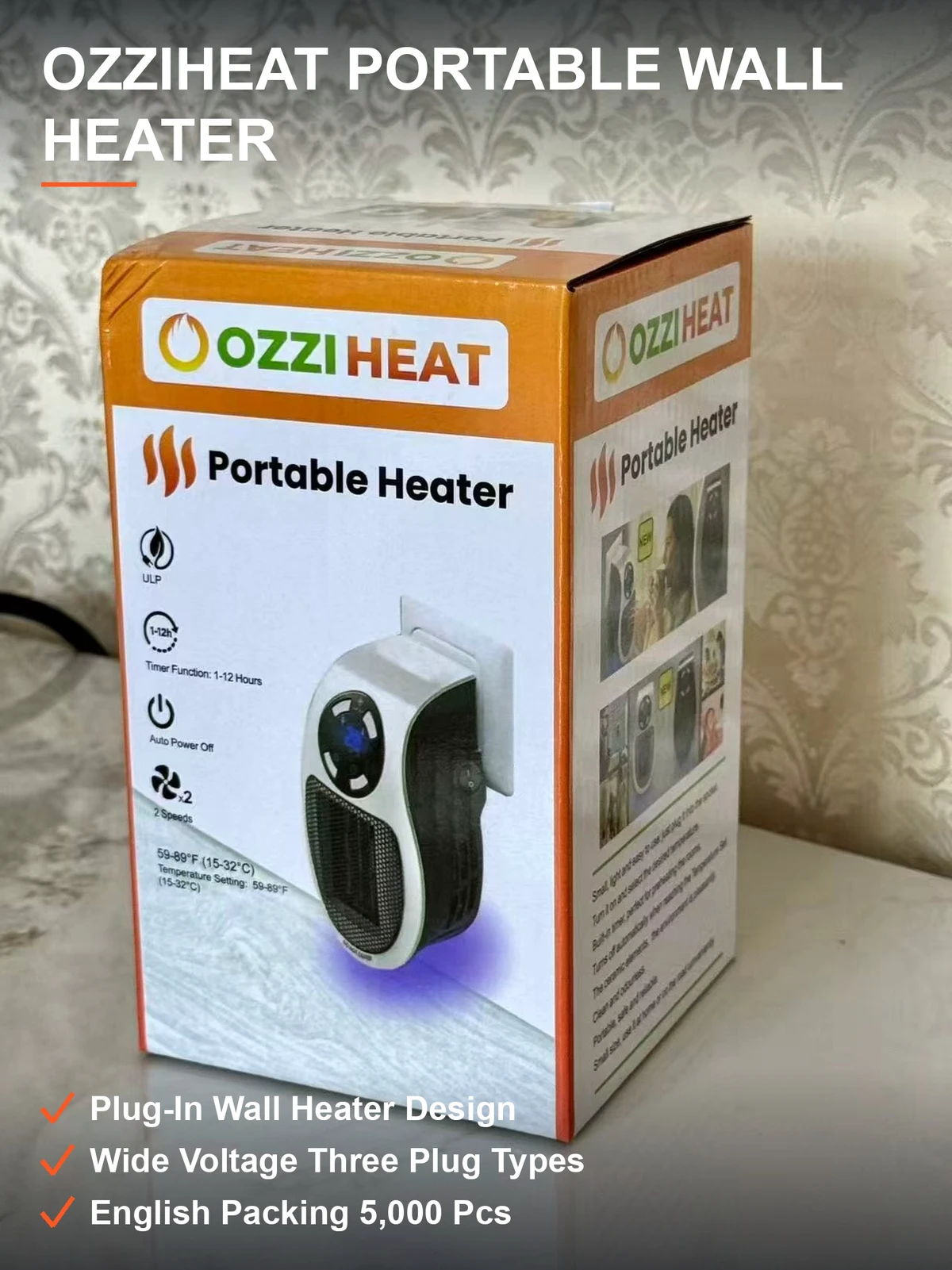 OZZIHEAT便携暖风机 插墙即用宽电压多接口 数显控温 5000个原箱整批