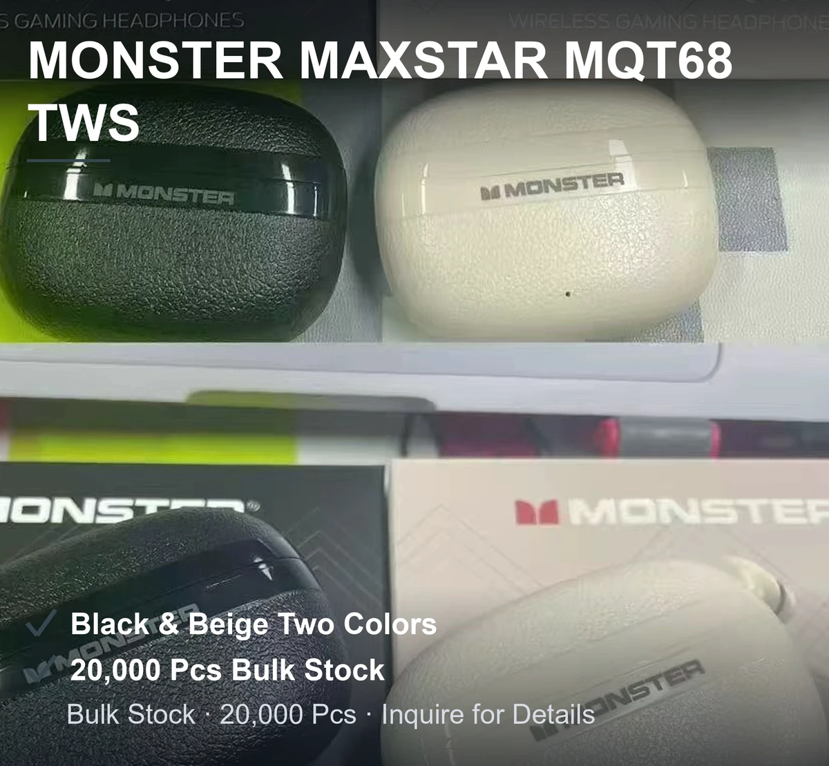 魔声MAXSTAR MQT68真无线耳机 皮纹充电仓 黑米白两色 20000个整批现货