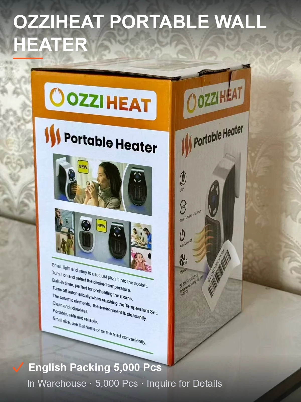 OZZIHEAT便携暖风机 插墙即用宽电压多接口 数显控温 5000个原箱整批