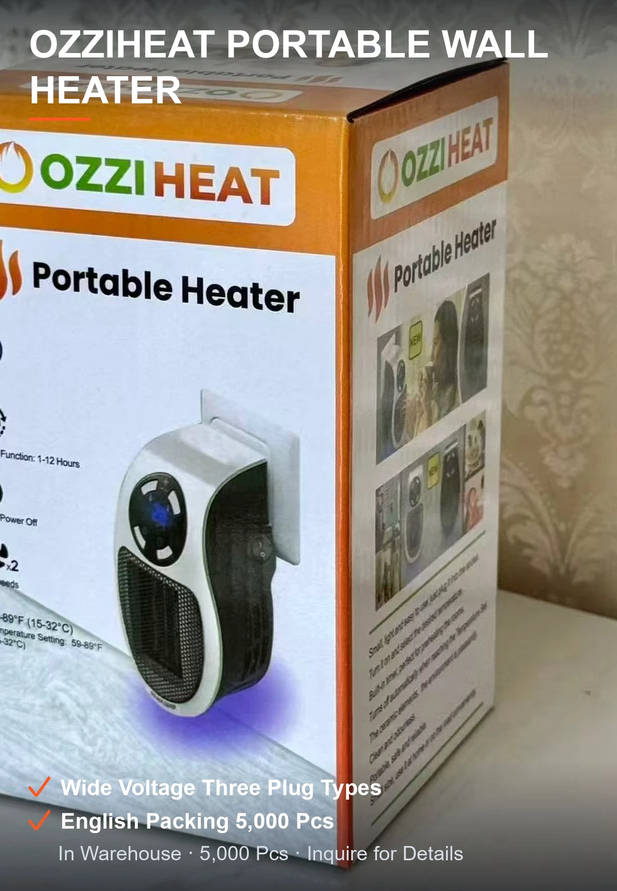 OZZIHEAT便携暖风机 插墙即用宽电压多接口 数显控温 5000个原箱整批