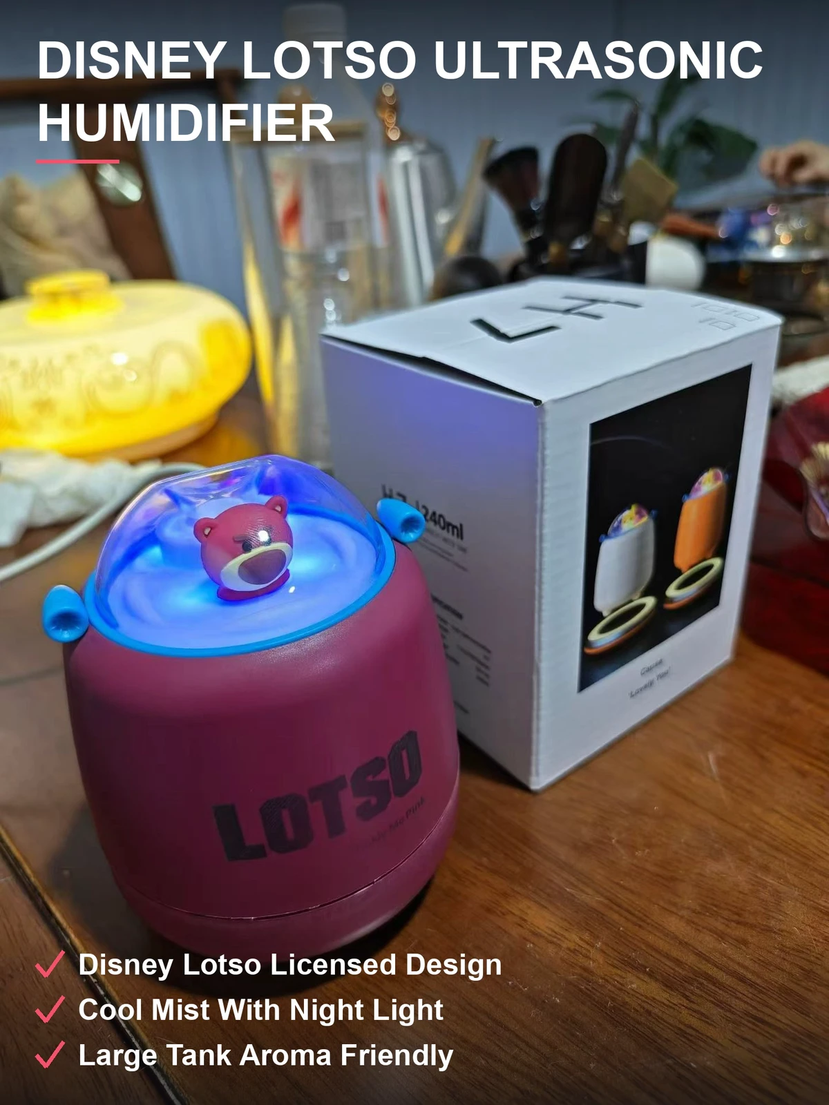 草莓熊超声波加湿器 迪士尼正版授权 喷雾夜灯香薰助眠 原箱现货整批