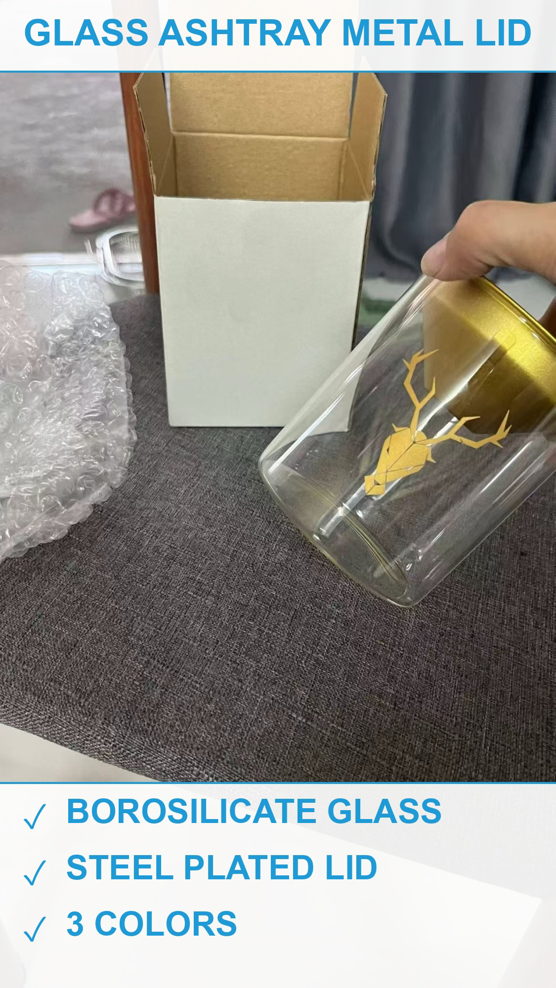 玻璃烟灰缸4000个 鹿纹三色款 现货清仓批发