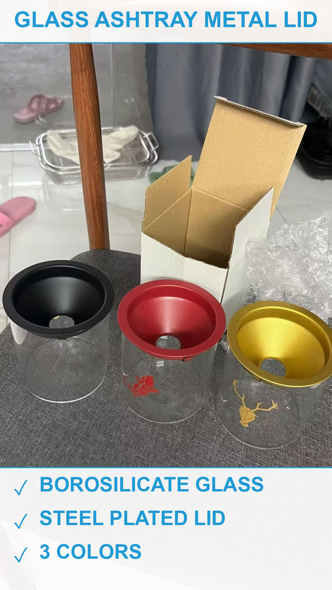 玻璃烟灰缸4000个 鹿纹三色款 现货清仓批发